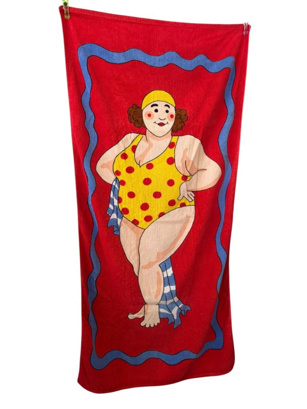 Vintage Novelty Beach Pool Towel Retro Bathing Beauty Cartoon Red Yellow Circus